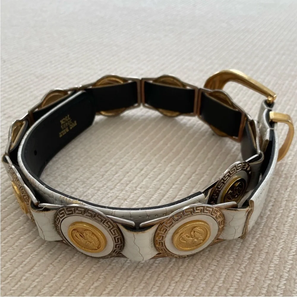 White Leather And Gold Belt With Leopard Medallions